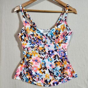 Anne‎ Cole Floral Tankini Swim Top Criss Cross adjustable Straps bra top Women M